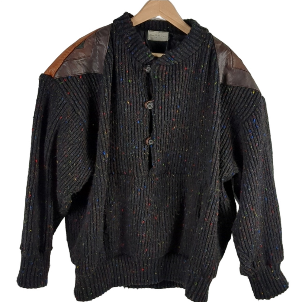 Retro Leather Wool Blend Knitted Sweater